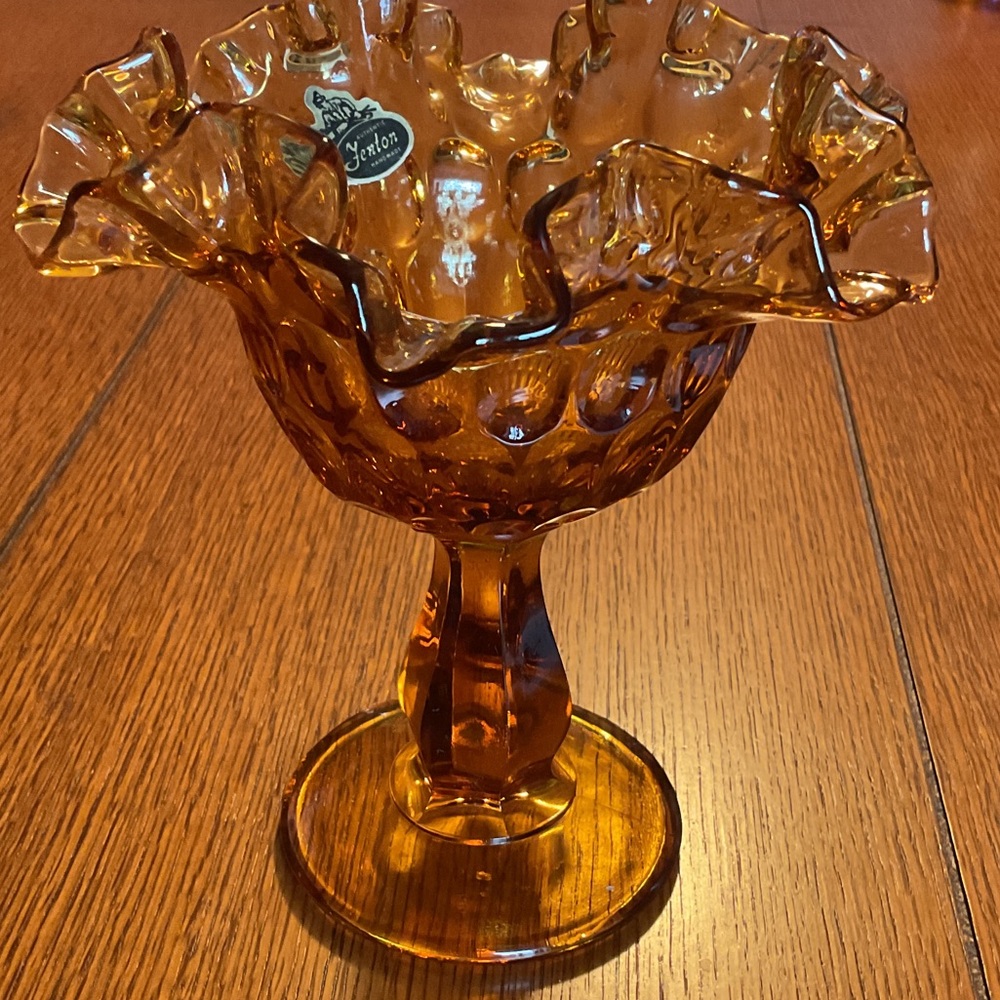 Fenton Amber Ruffled Glass Compote - Picture 3 of 6